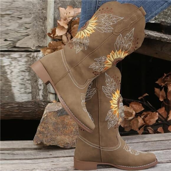 NEW Women's Sunflower Cowgirl Boots, Square Toe Western Embroidery Mid Calf - Picture 5 of 7